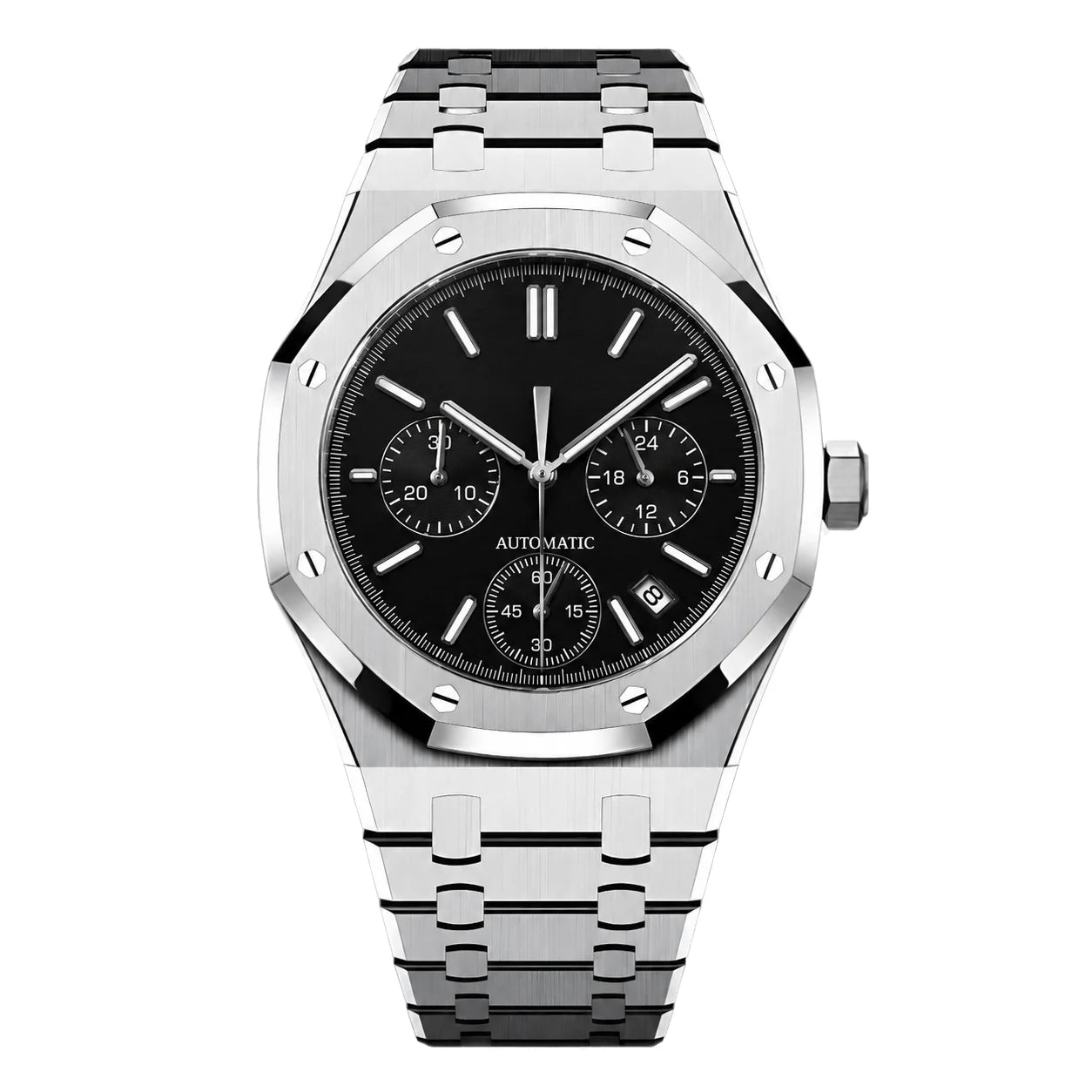 Frontansicht der Seiko Mod Royal Oak Schwarz Chronograph mit schwarzem Zifferblatt und Edelstahlarmband