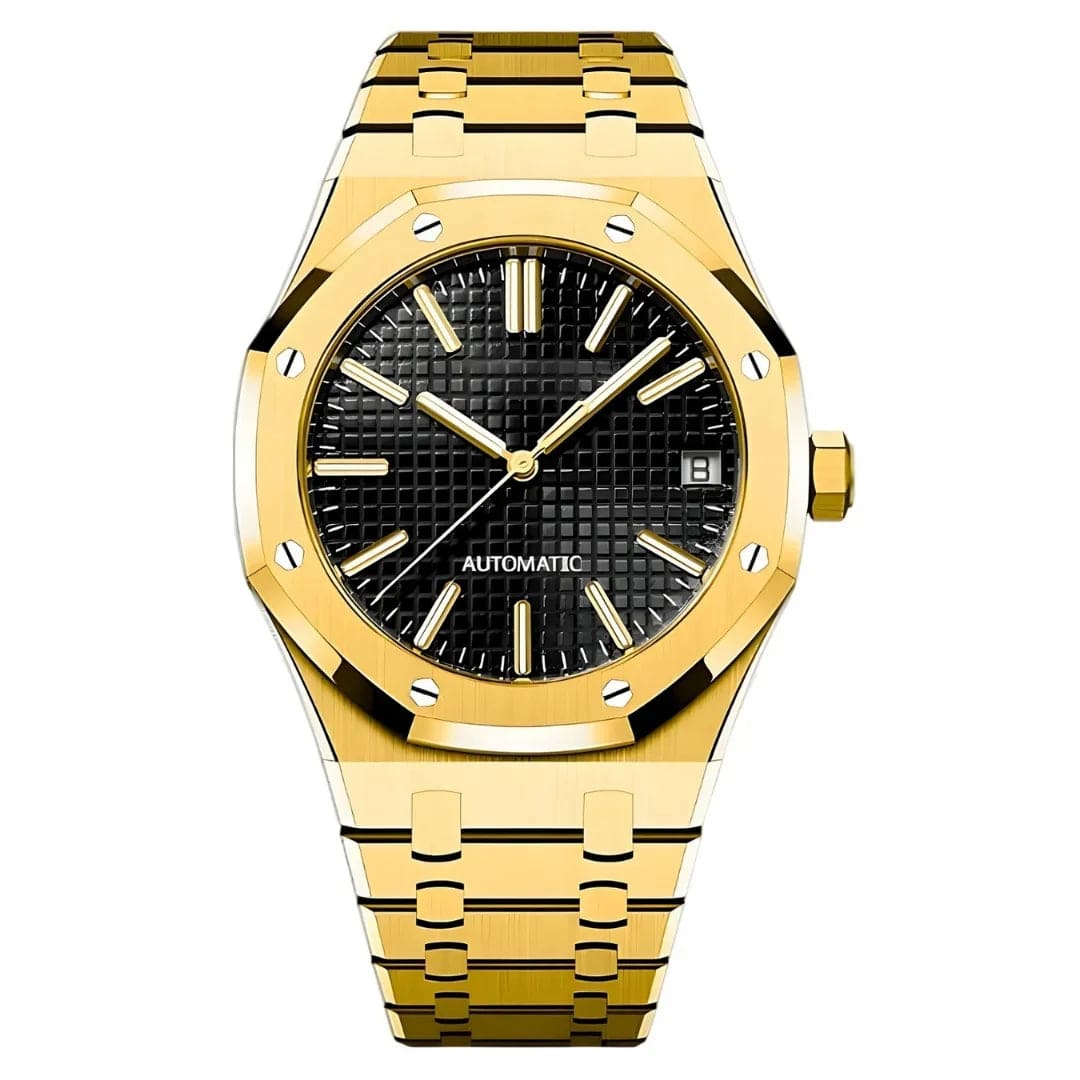 Seiko Mod Royal Oak Yellow Gold Black Automatikuhr mit schwarzem Waffle-Zifferblatt, gelbgoldenem Gehäuse und Edelstahlarmband