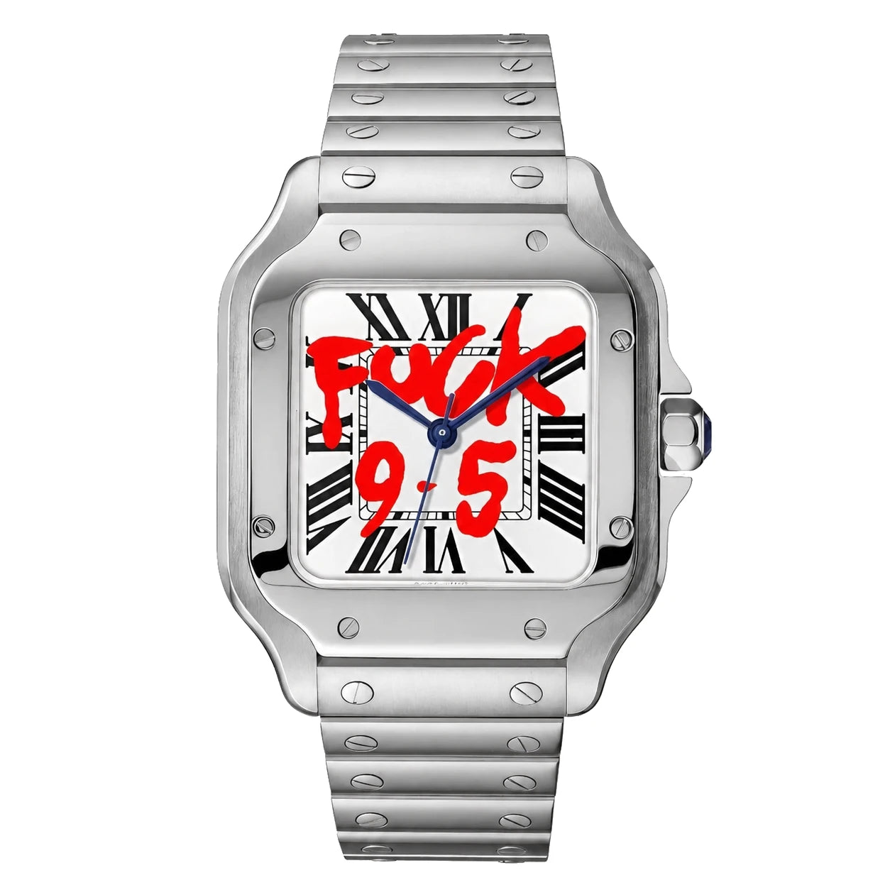 Seiko Mod Santos mit weißem Zifferblatt, roten 9-to-5-Schriftzug und blauen Zeigern in Frontansicht