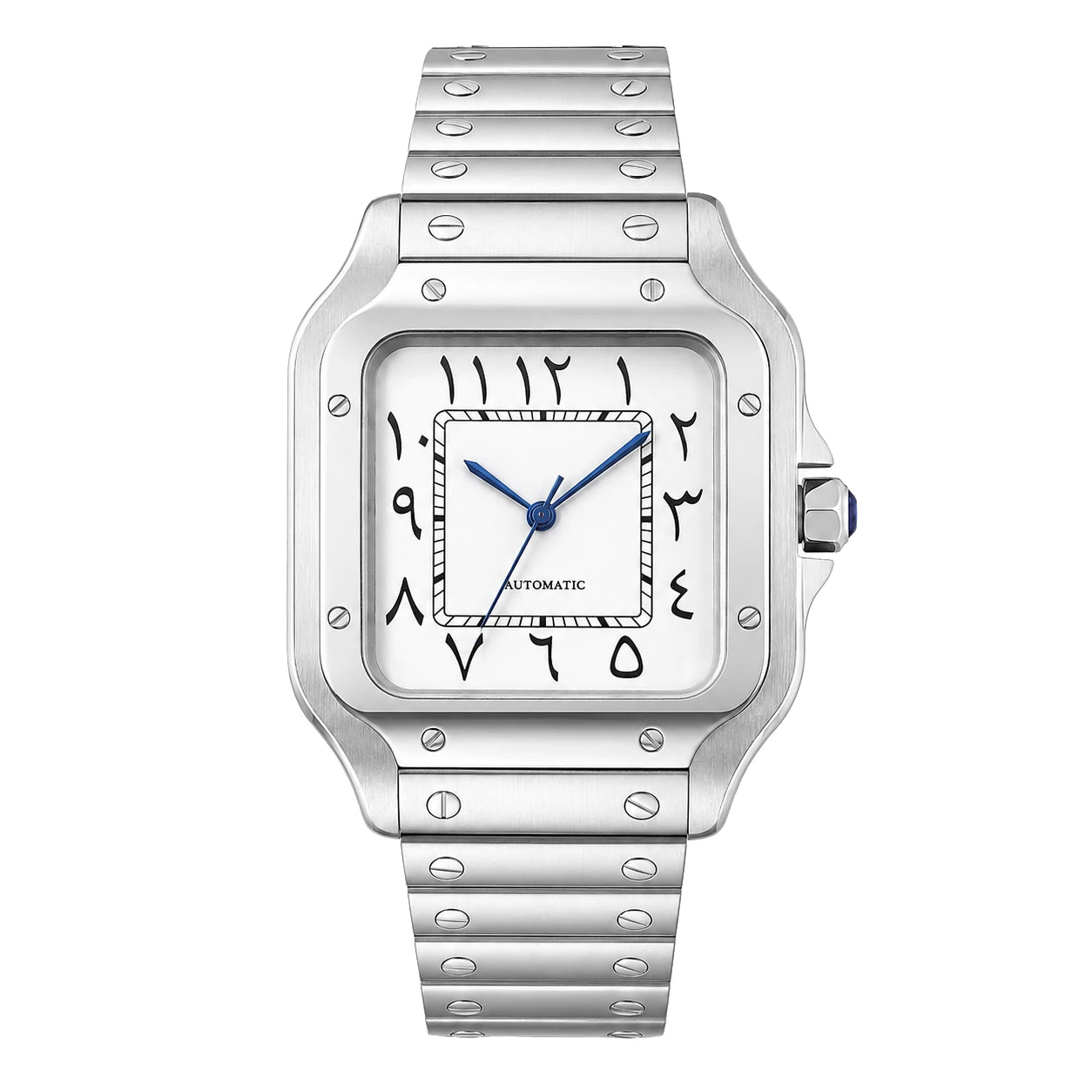 Produktbild der Seiko Mod Santos mit eckigem silberfarbenem Gehäuse und weißem Zifferblatt