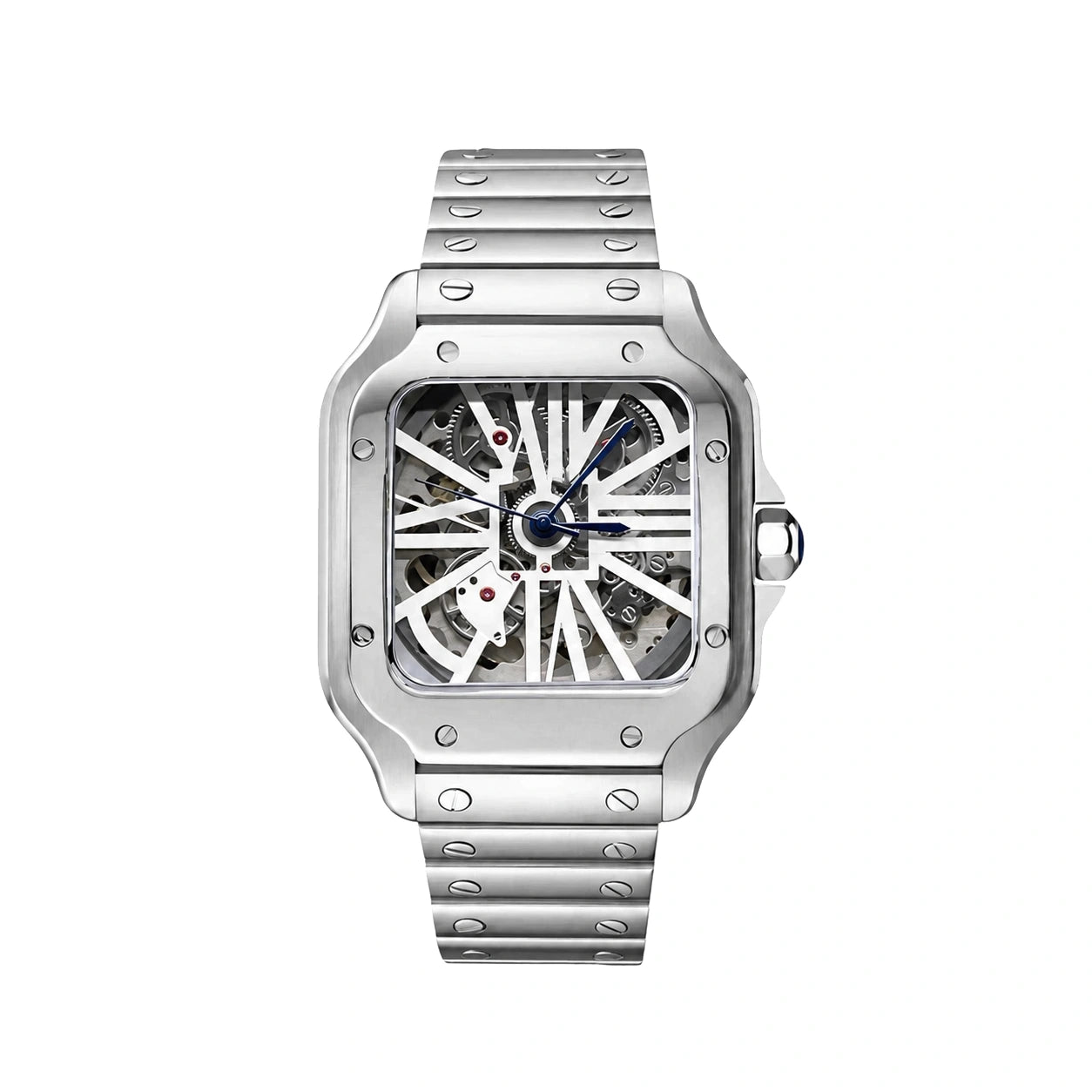 Seiko Mod Santos Skeleton mit sichtbarer Mechanik, römischen Zahlen und blauen Zeigern in Frontansicht