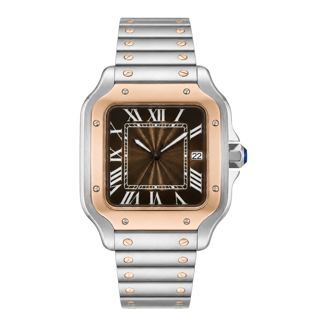 Produktbild der Seiko Mod Santos Braun mit roségoldfarbener Lünette und sichtbaren Schrauben