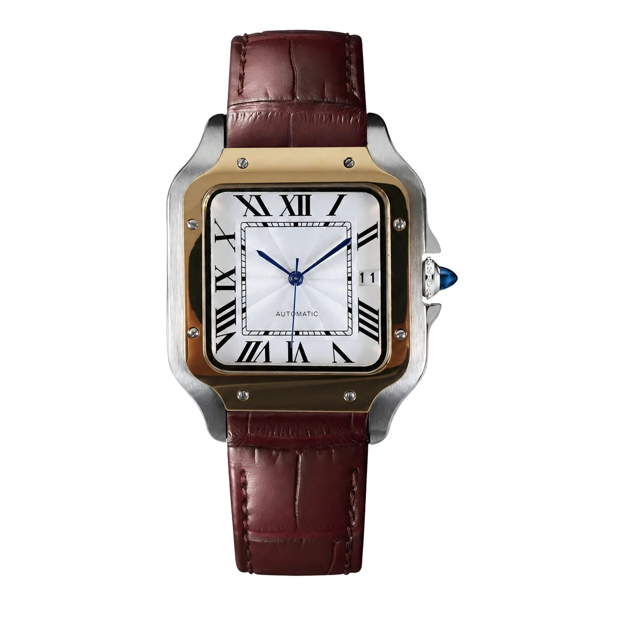 Frontansicht der Seiko Mod Santos Two Tone mit weißem Zifferblatt und braunem Lederarmband