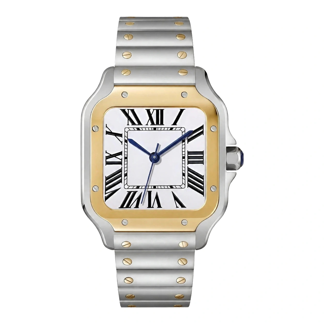 Frontansicht der Seiko Mod Santos Two Tone Gold mit weißem Zifferblatt und römischen Zahlen