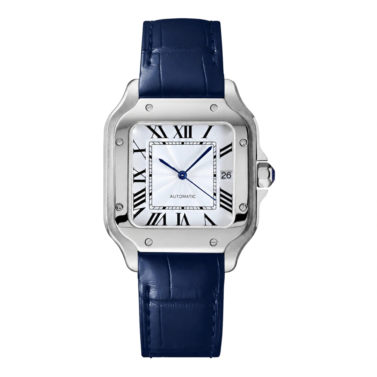 Produktbild der Seiko Mod Santos Weiß mit blauem Lederarmband und rechteckigem Edelstahlgehäuse