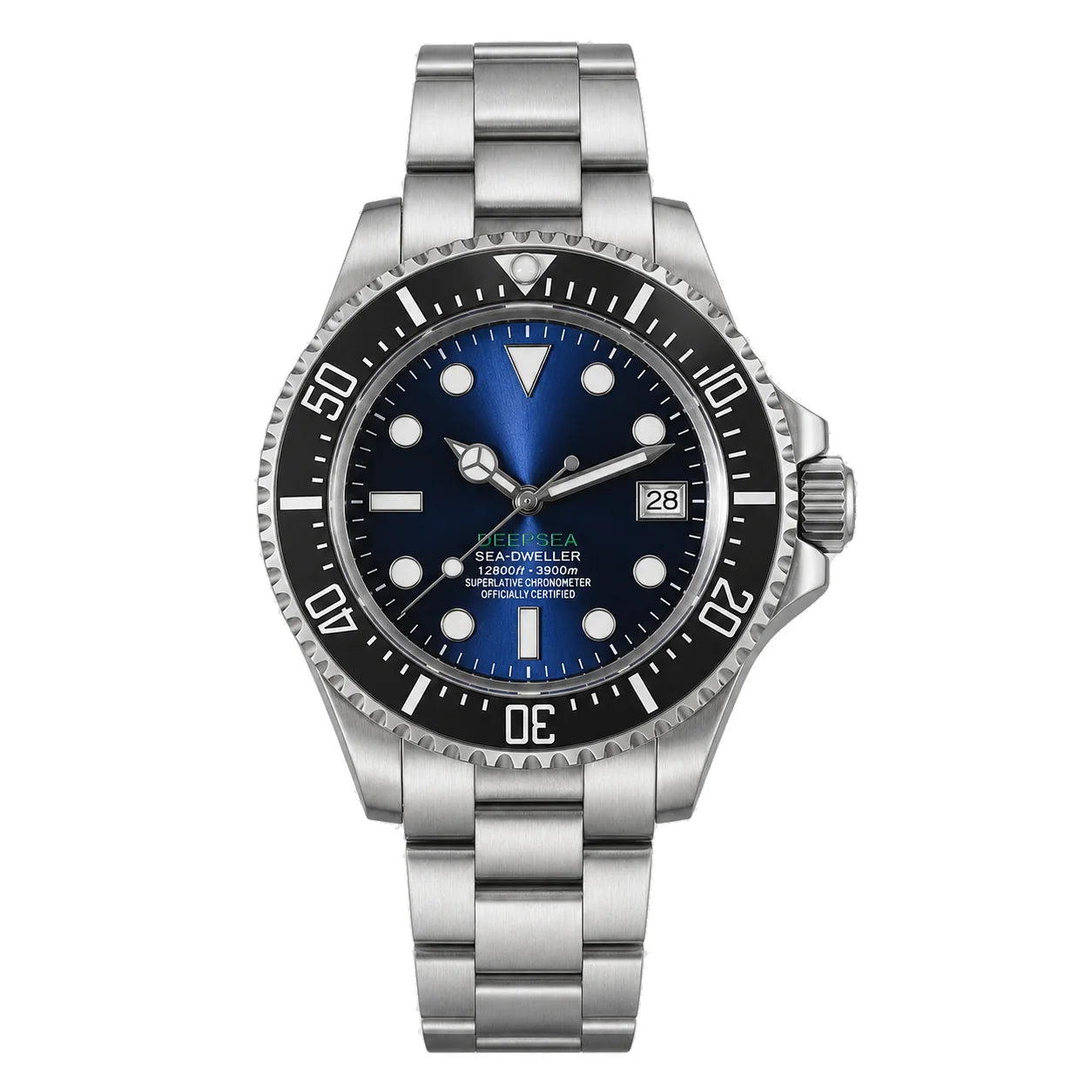 Frontansicht der Seiko Mod Sea-Dweller Submariner Deep Sea mit blau-schwarzem Zifferblatt und Edelstahlarmband