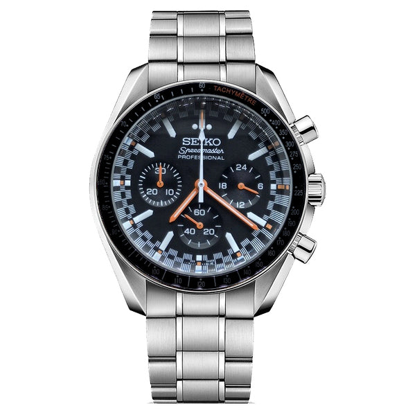 Seiko Mod Speedmaster Black Orange Chronograph mit schwarzem Zifferblatt, orangen Akzenten und Edelstahlarmband