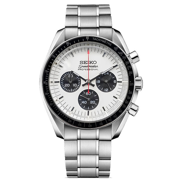 Seiko Mod Speedmaster Panda Chronograph mit weißem Zifferblatt, schwarzen Subdials und Edelstahlarmband