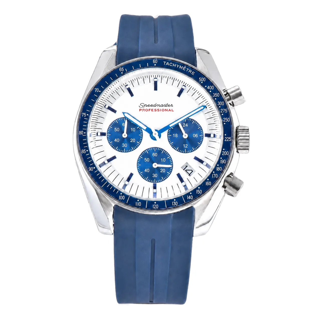 Frontalaufnahme der Seiko Mod Speedmaster Weiß Blau mit blauen Hilfszifferblättern und Edelstahlgehäuse