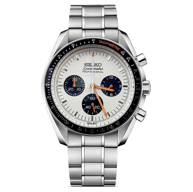 Seiko Mod Speedmaster White Orange Weißes Zifferblatt mit orangefarbenen Akzenten, Chronograph mit Edelstahlarmband