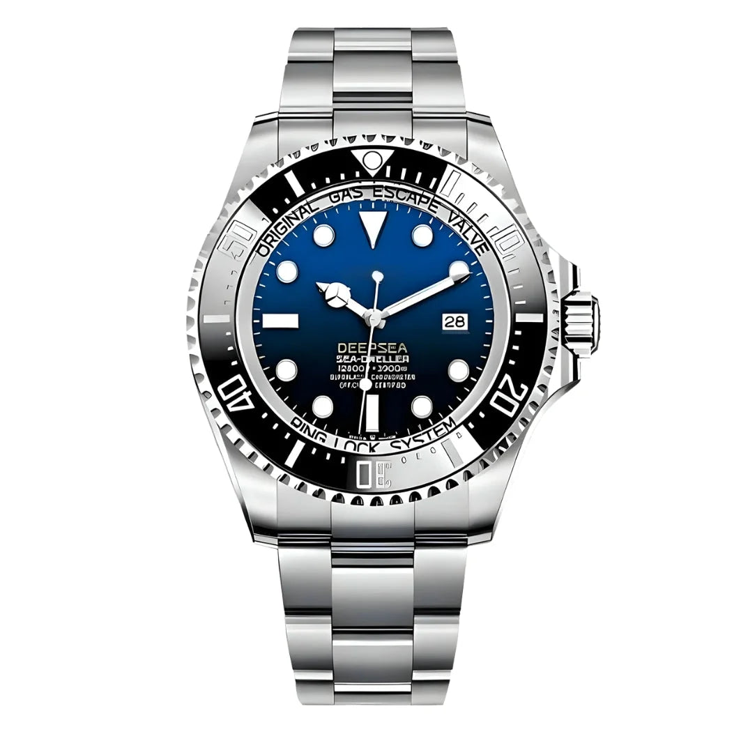 Seiko Mod Submariner Deepsea Automatikuhr mit NH35 Uhrwerk, blau-schwarzem Gradient-Zifferblatt, Helium-Ventil und Oyster Edelstahlarmband