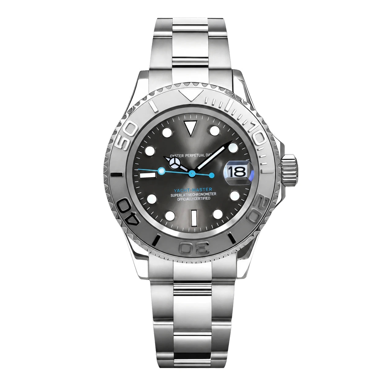 Gerade Produktansicht der Seiko Mod Yacht-Master mit rhodiumfarbenem Zifferblatt und Datumsanzeige