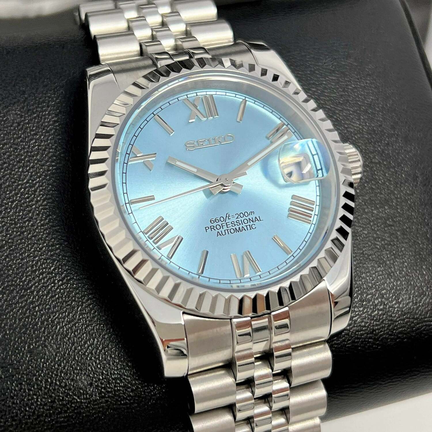 Seiko Mod Ice Blue Roman dial angled with date window at three oclock