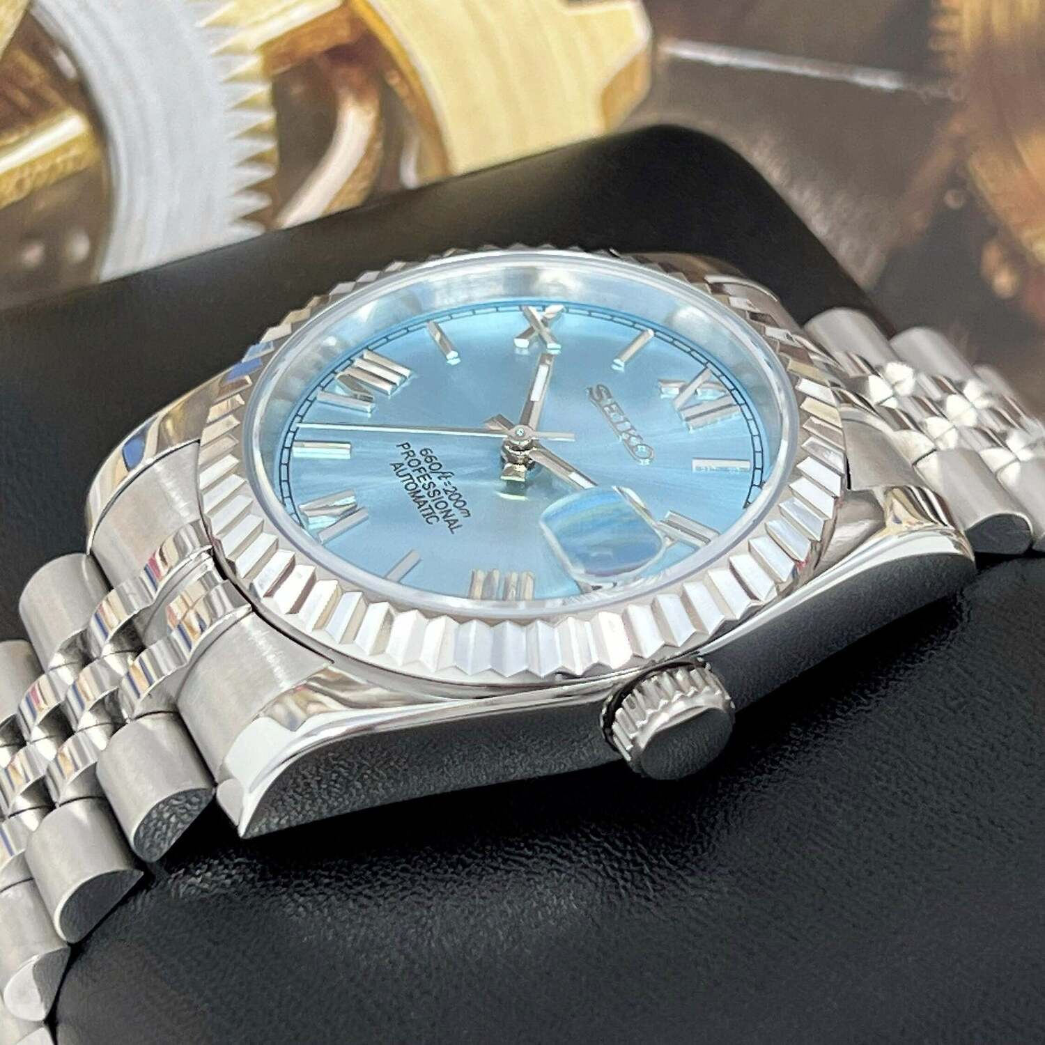 Seiko Mod Ice Blue Roman side profile showing crown and Roman numeral markers