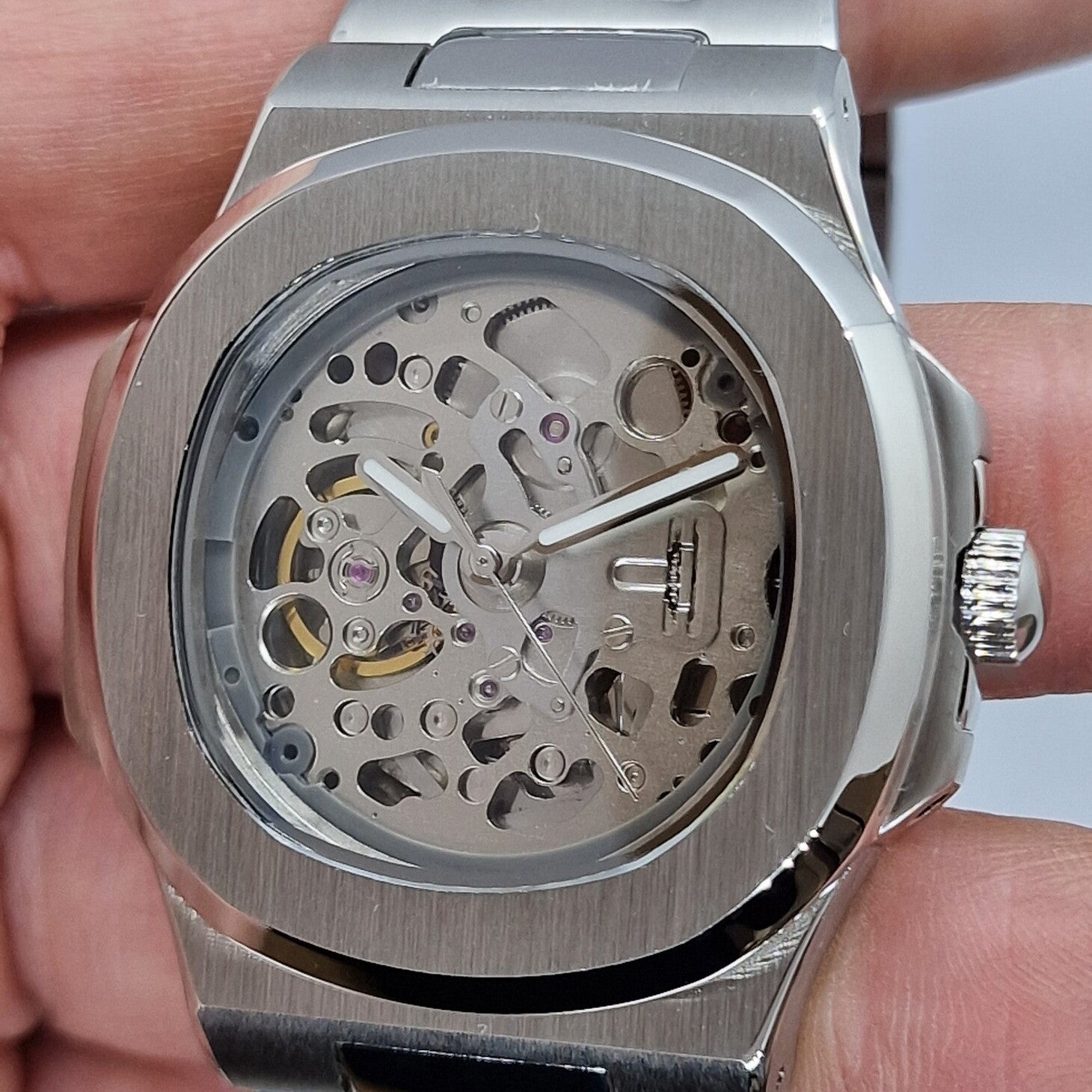 Right three quarter perspective of Seiko Mod Nautilus Skeleton focusing on dial depth and visible balance wheel