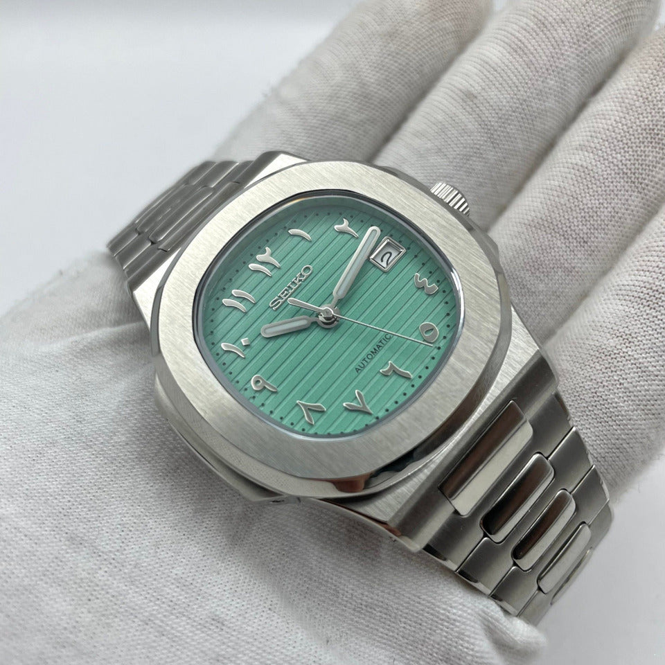 Top view Seiko Mod Nautilus Tiffany Arabic displaying dial layout and case proportions