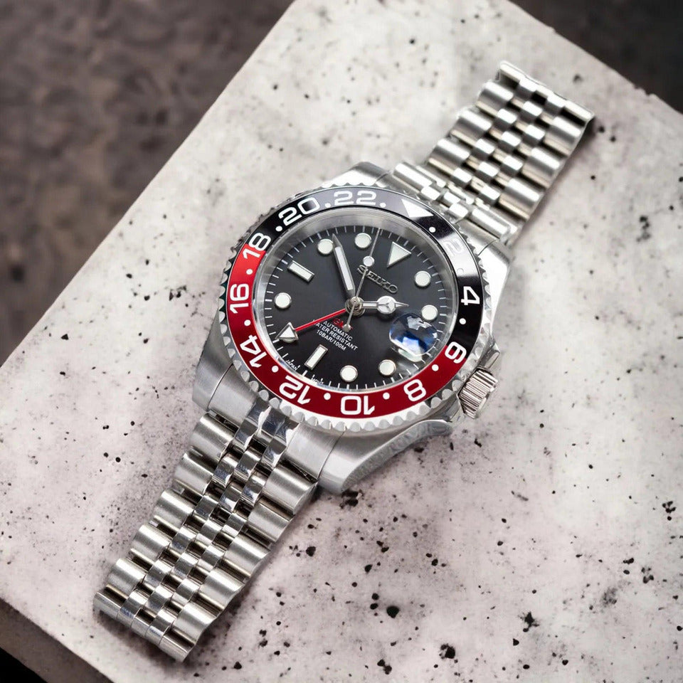 GMT Coke Draufsicht, Kontrast poliertes Jubilee Armband und Coke Keramiklünette, Edelstahl, GMT Automatikuhr