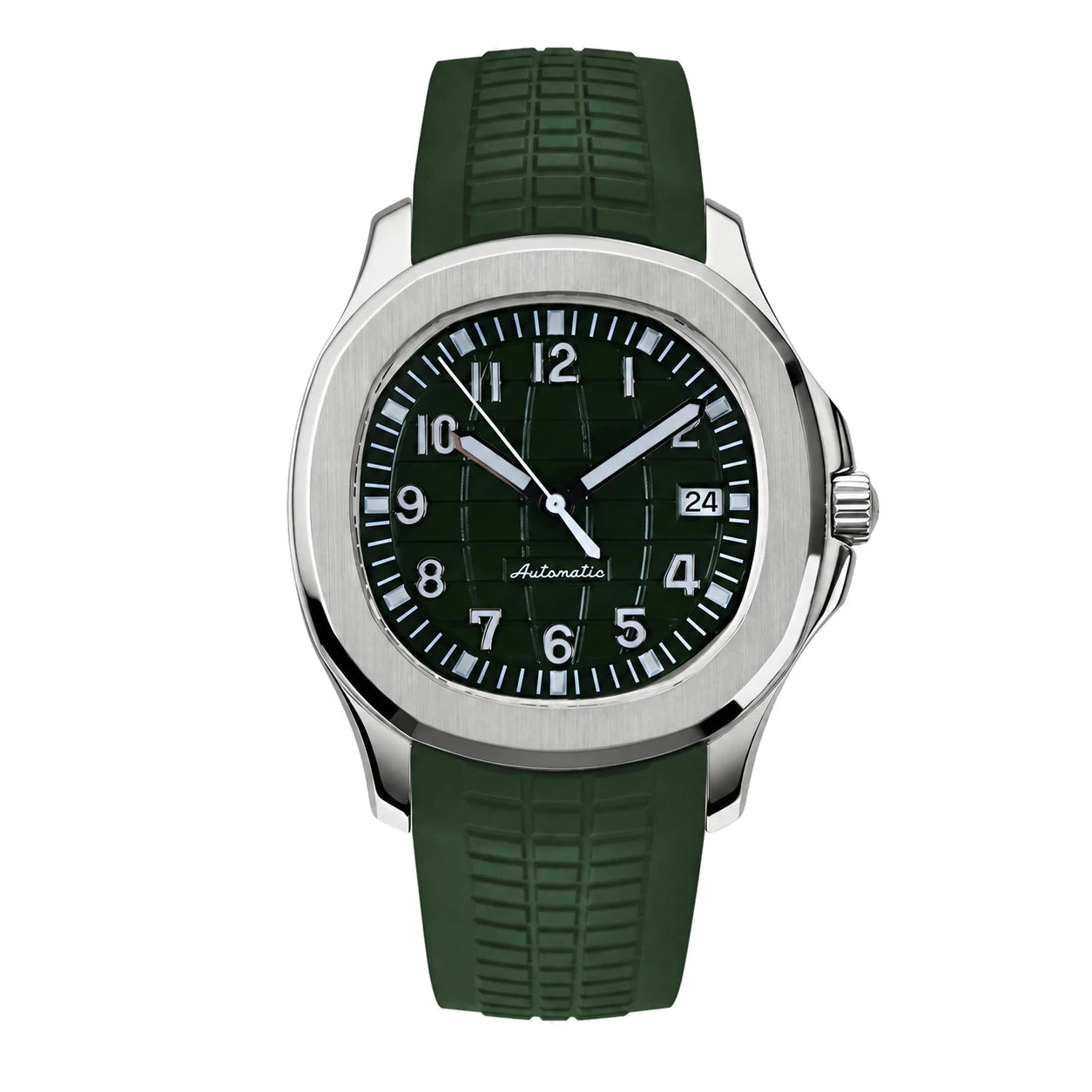 Frontalaufnahme der Seiko Mod Aquanaut mit gebürsteter Edelstahllünette und grünem Kautschukarmband.