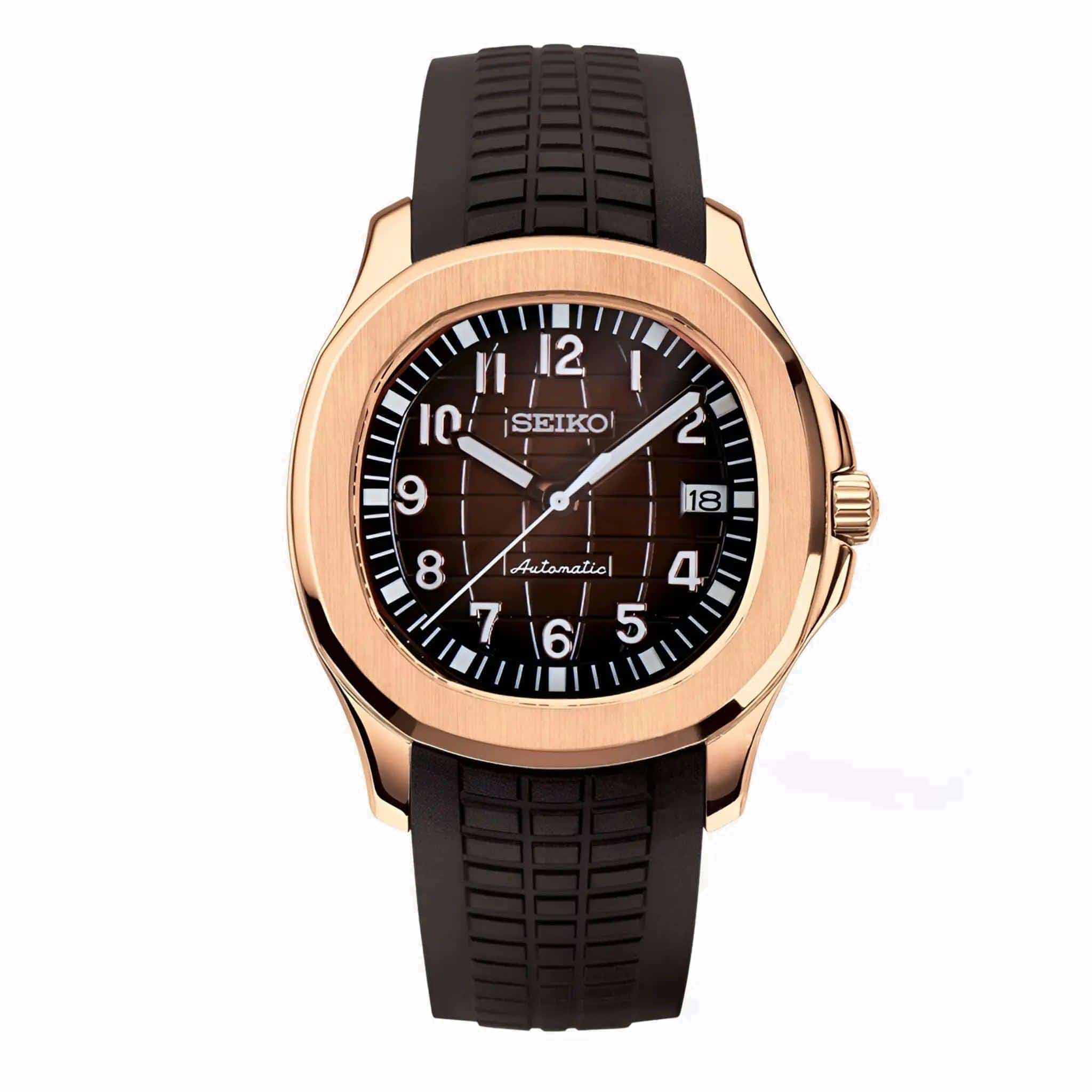 Seiko Mod Aquanaut Rose Gold Brown Automatikuhr mit NH35 Uhrwerk, braunem Zifferblatt, Roségold-Gehäuse und integriertem Armband