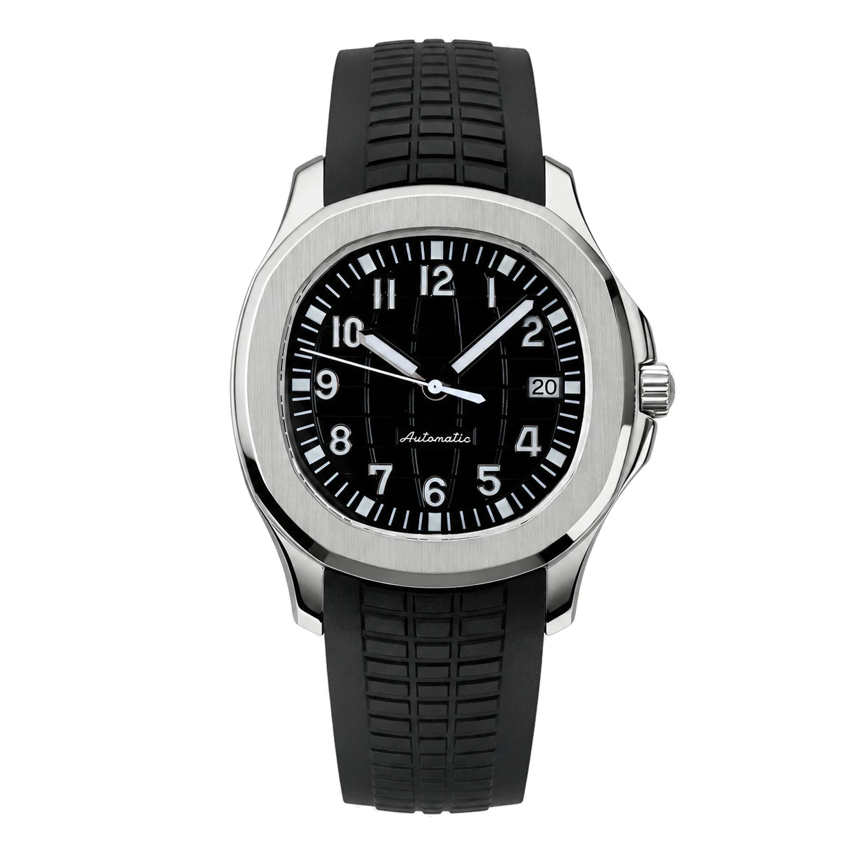 Gerade Frontansicht der Seiko Mod Aquanaut mit Edelstahlgehäuse und kontrastreichen Stundenmarkierungen.