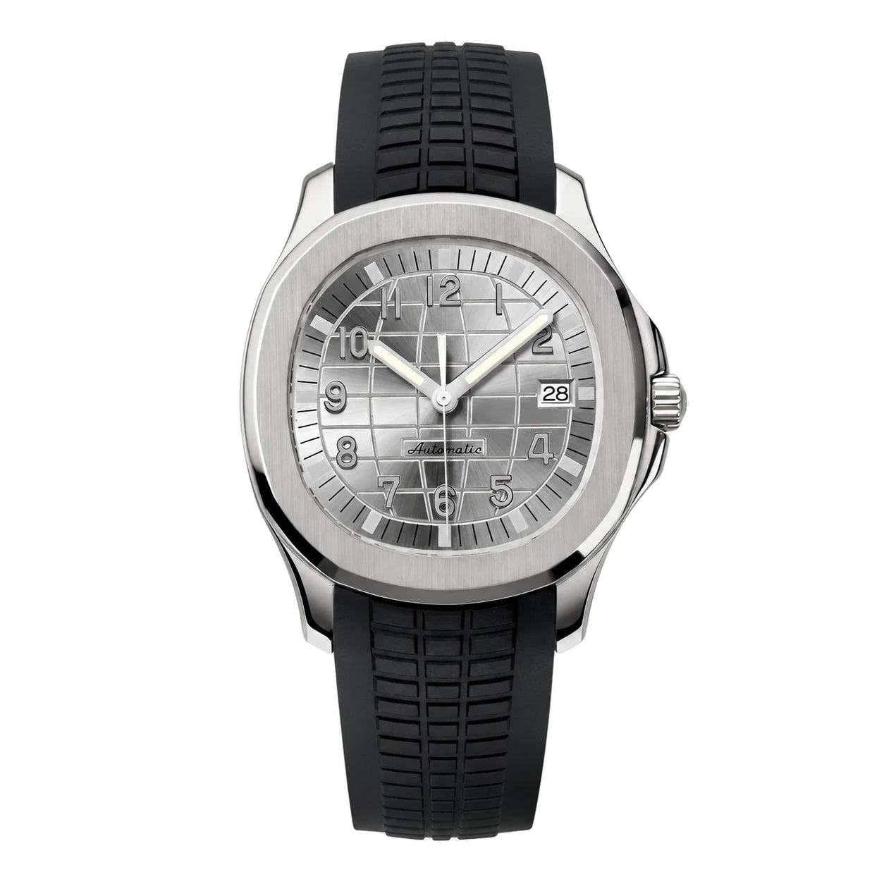 Frontalaufnahme der Seiko Mod Aquanaut mit gebürsteter Edelstahllünette und schwarzem Kautschukarmband.