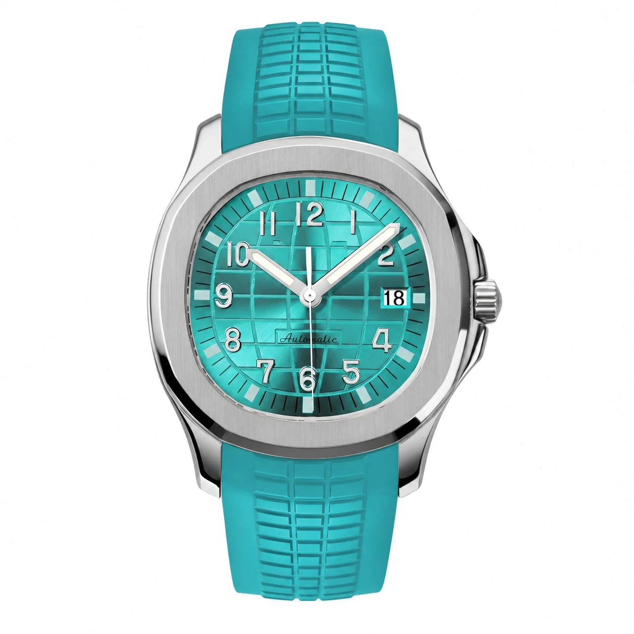 Frontansicht der Seiko Mod Aquanaut mit türkisem Zifferblatt, Edelstahlgehäuse und farblich passendem Kautschukarmband.