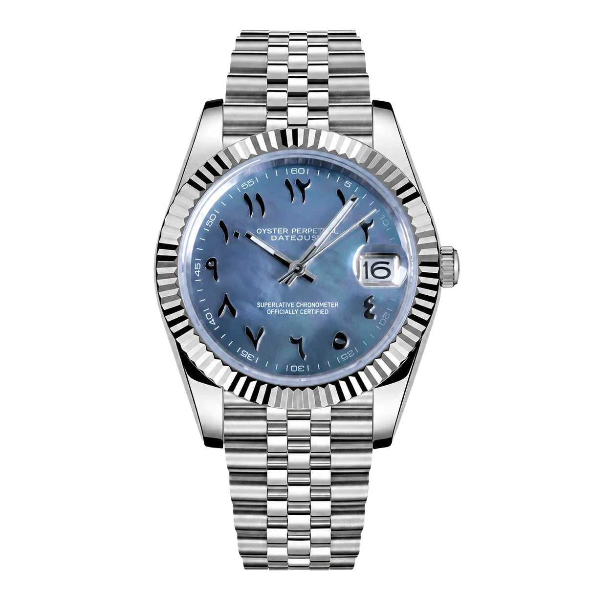 Frontansicht der Seiko Mod Datejust Blau Cosmos mit arabischen Zahlen und Jubilee-Armband