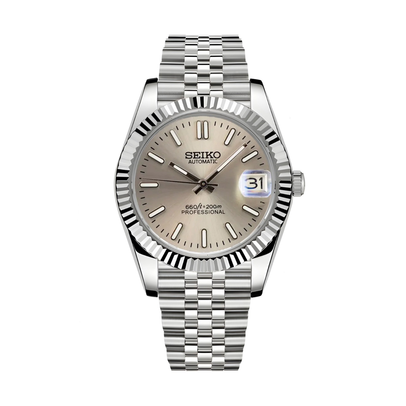Seiko Mod Datejust Champagne mit NH35 Automatikwerk, champagnerfarbenem Zifferblatt und Jubilee Armband