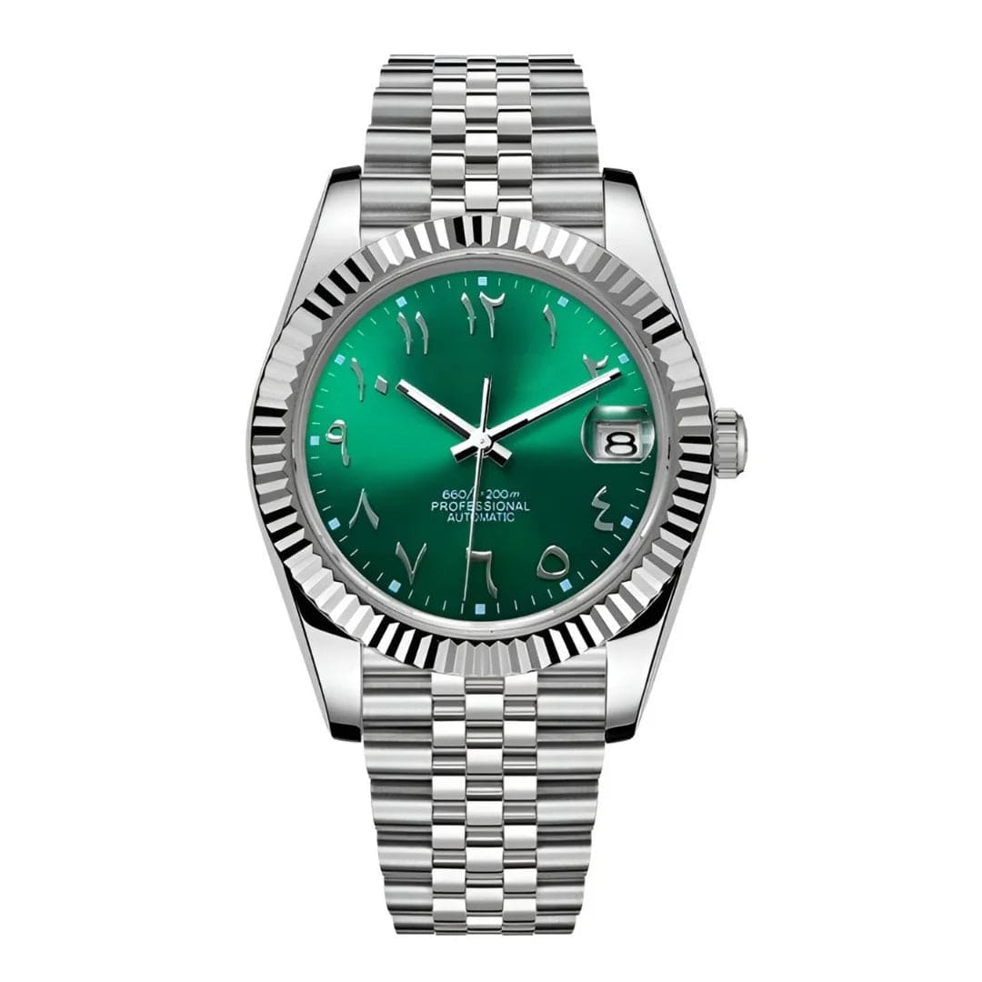 Seiko Mod Datejust Royal Green Arabic mit NH35 Automatikwerk, smaragdgrünem Zifferblatt, arabischen Ziffern und Edelstahl Jubilee Armband