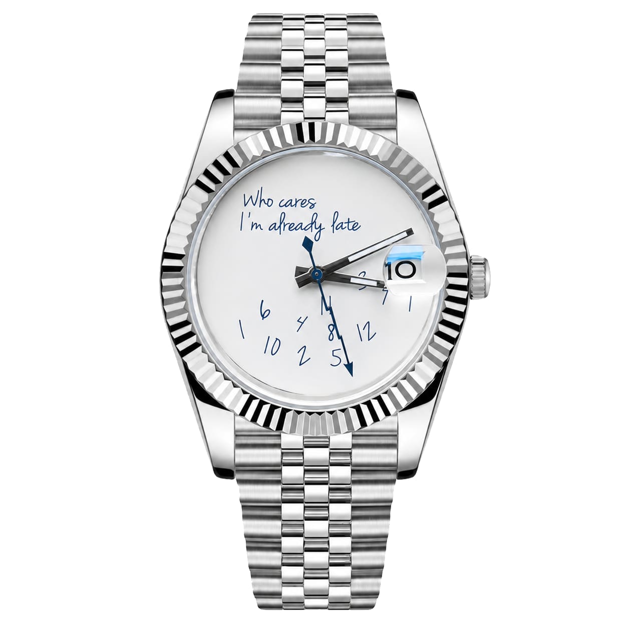 Seiko Mod Datejust who cares I'm allready late Edelstahlarmband und Seiko NH35 Automatikwerk, inspiriert vom klassischen Datejust Design