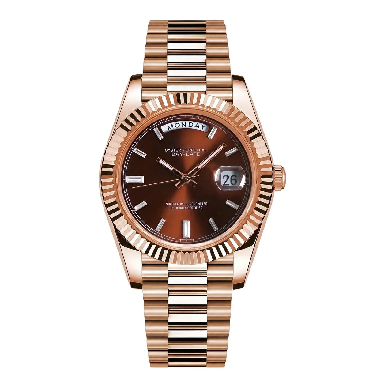 Frontansicht der Seiko Mod Day-Date Roségold Braun mit braunem Zifferblatt und Edelstahlarmband