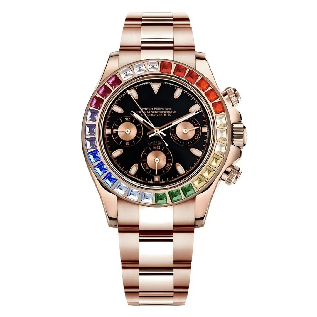 Seiko Mod Daytona Rose Gold Rainbow Chronograph mit Regenbogen-Lünette und schwarzem Zifferblatt