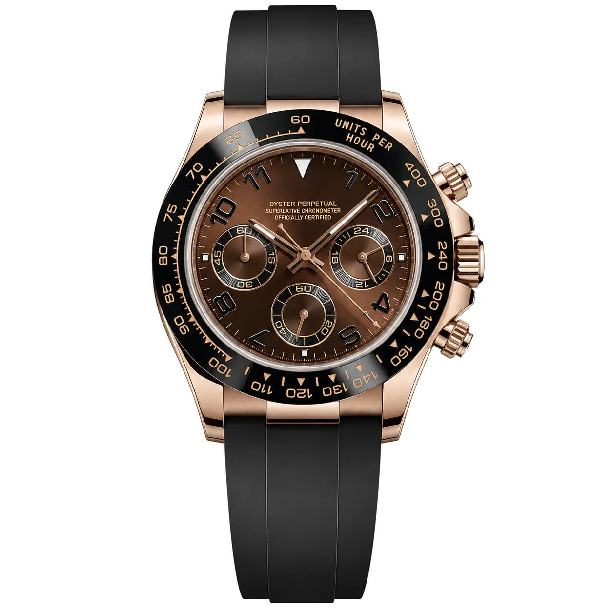 Seiko Mod Daytona mit braunem Zifferblatt, roségoldfarbenem Gehäuse, Chronograph und schwarzem Kautschukarmband. Sportlich und edel