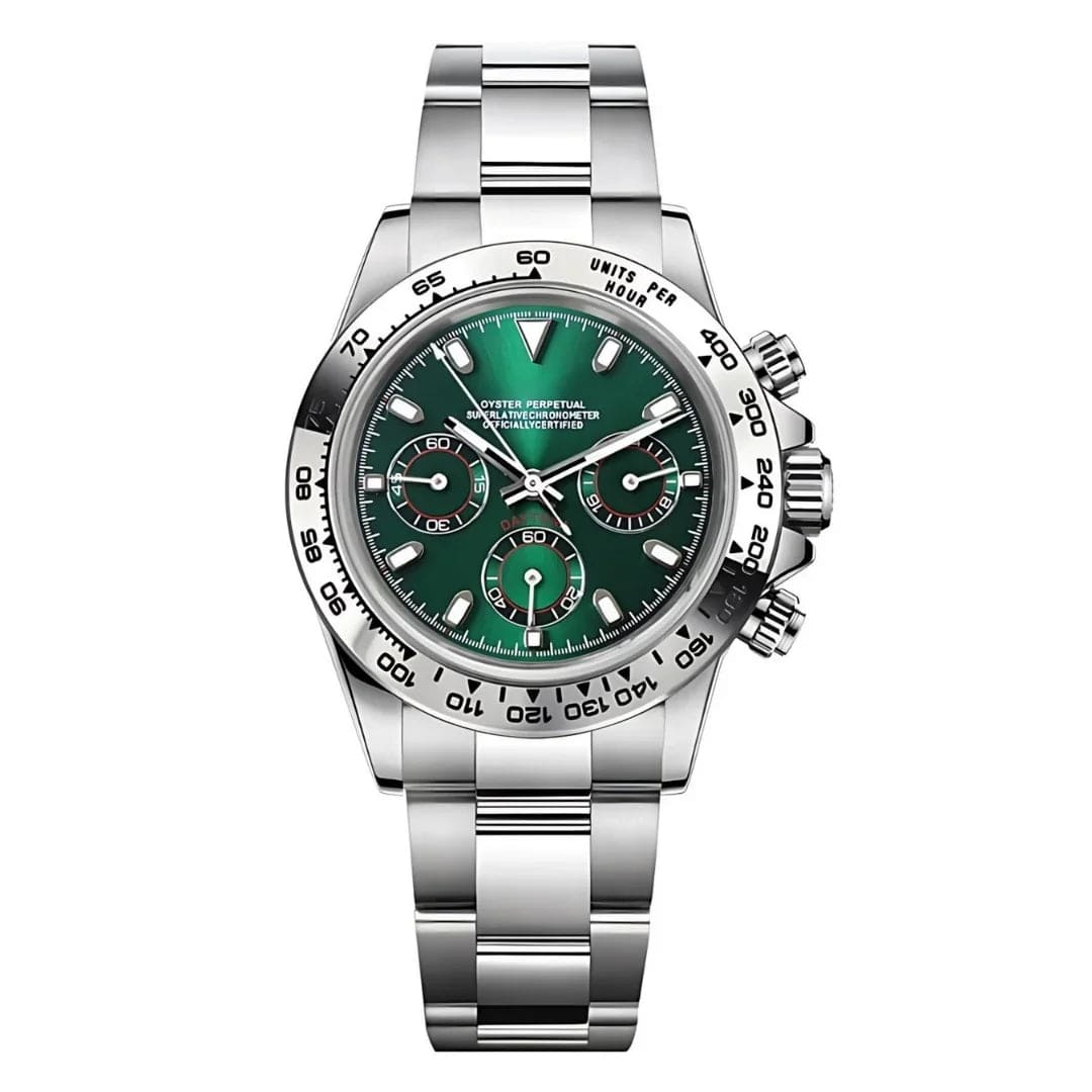"Seiko Mod Daytona Silver Green Chronograph mit VK63 Hybrid-Uhrwerk, grünem Zifferblatt, silbernen Totalisatoren, Tachymeter-Lünette und Oyster Edelstahlarmband"
