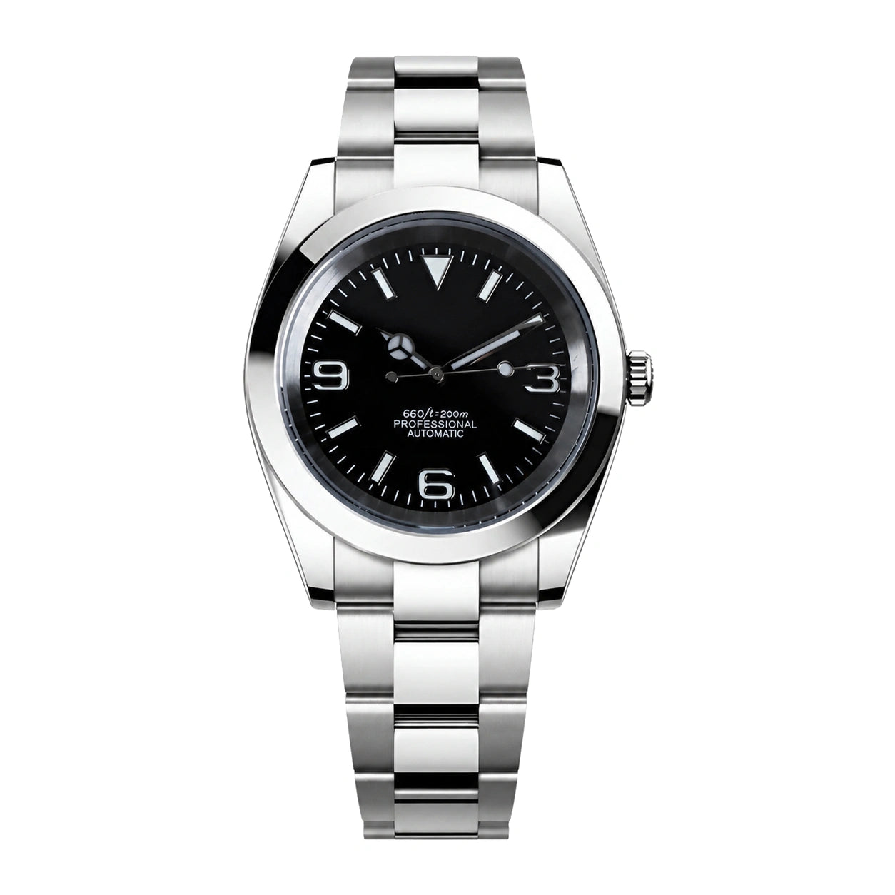 Seiko Mod Explorer Schwarz mit schwarzem Zifferblatt, leuchtenden Indizes und Oyster-Armband