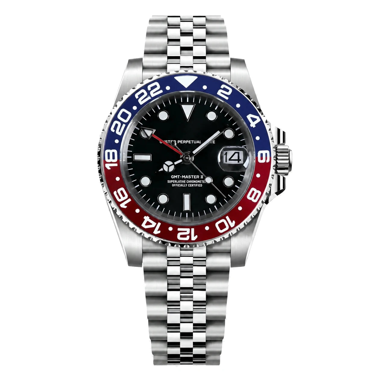 Seiko Mod GMT in Frontansicht mit blau-roter Lünette, GMT-Zeiger und Edelstahlgehäuse
