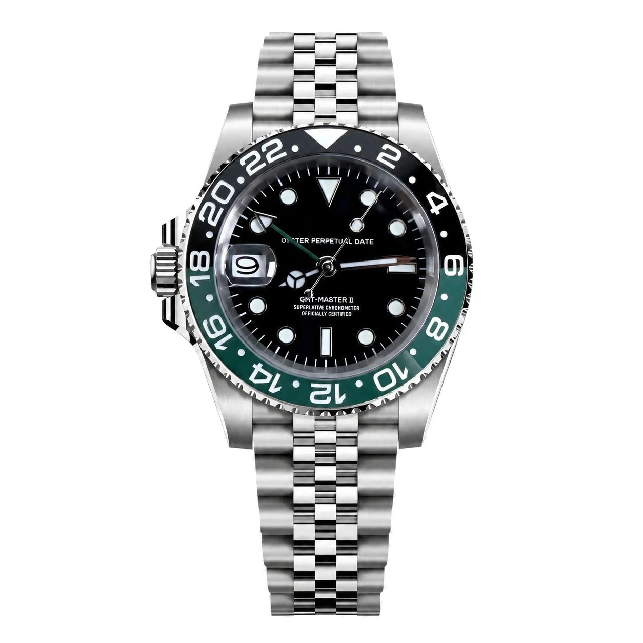 Frontansicht der Seiko Mod GMT-Master Sprite mit schwarzem Zifferblatt und grün-schwarzer GMT-Lünette