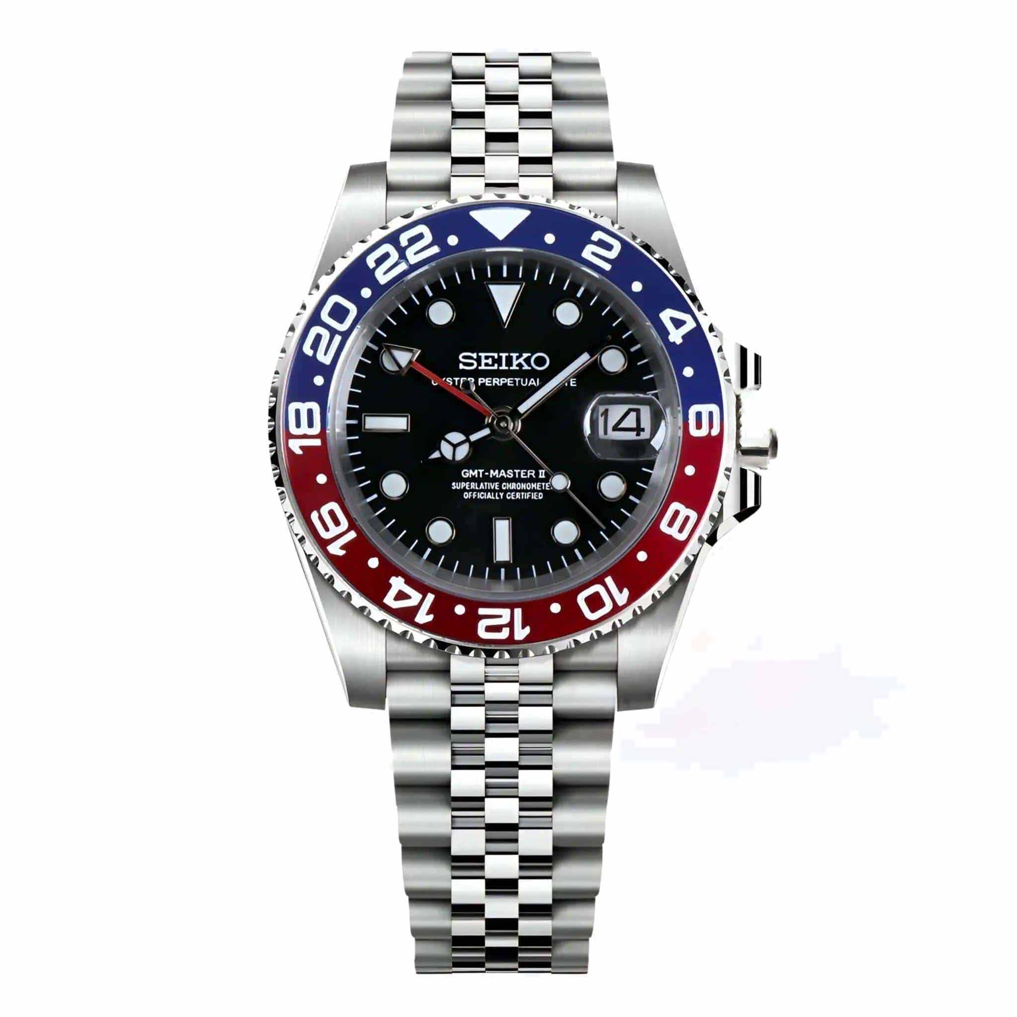 Seiko Mod GMT Pepsi mit NH34 GMT Uhrwerk, Pepsi Keramiklünette blau-rot, schwarzem Zifferblatt, Jubilee Armband, Dual-Time