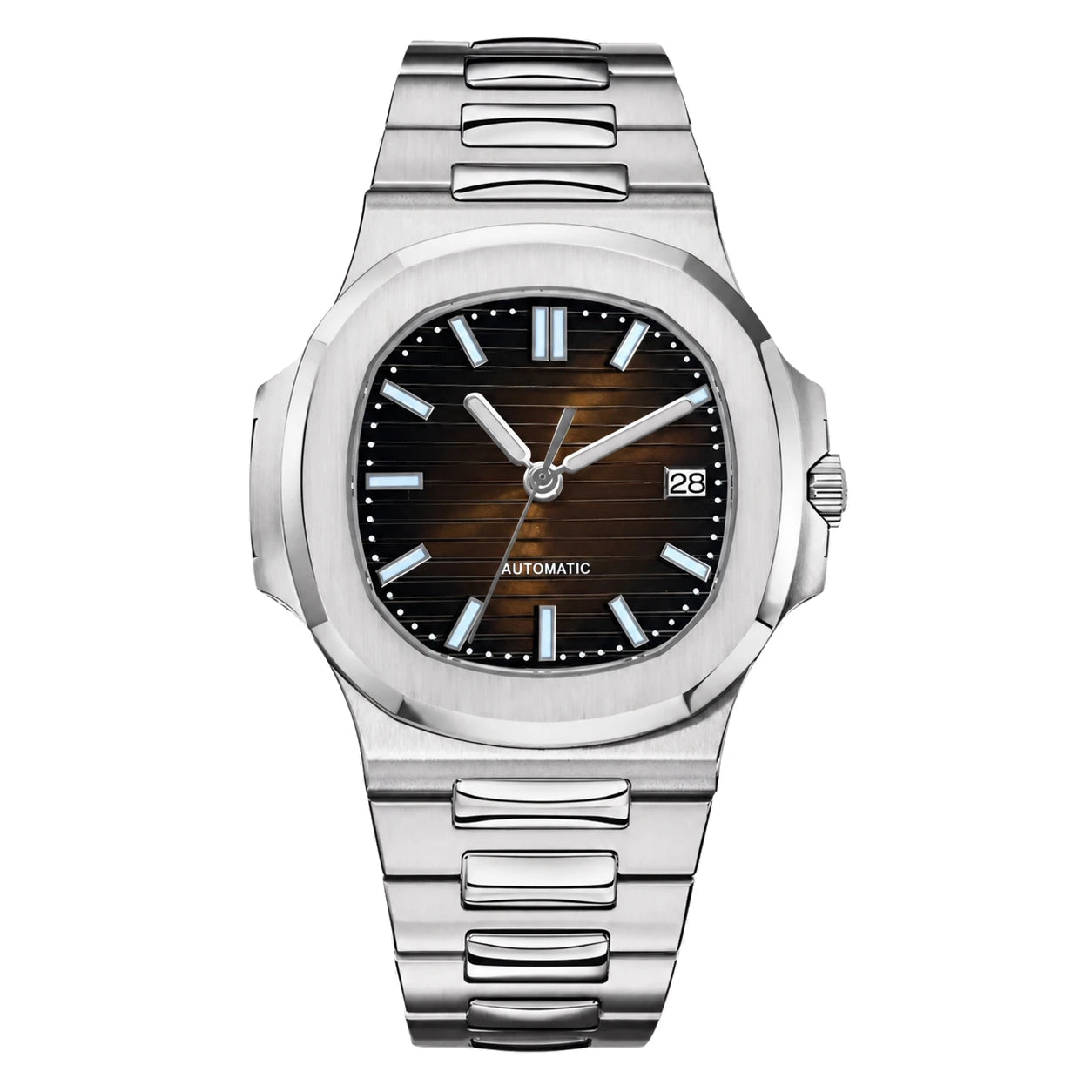 Gerade Produktansicht der Seiko Mod Nautilus mit Leuchtzeigern und Datumsanzeige.