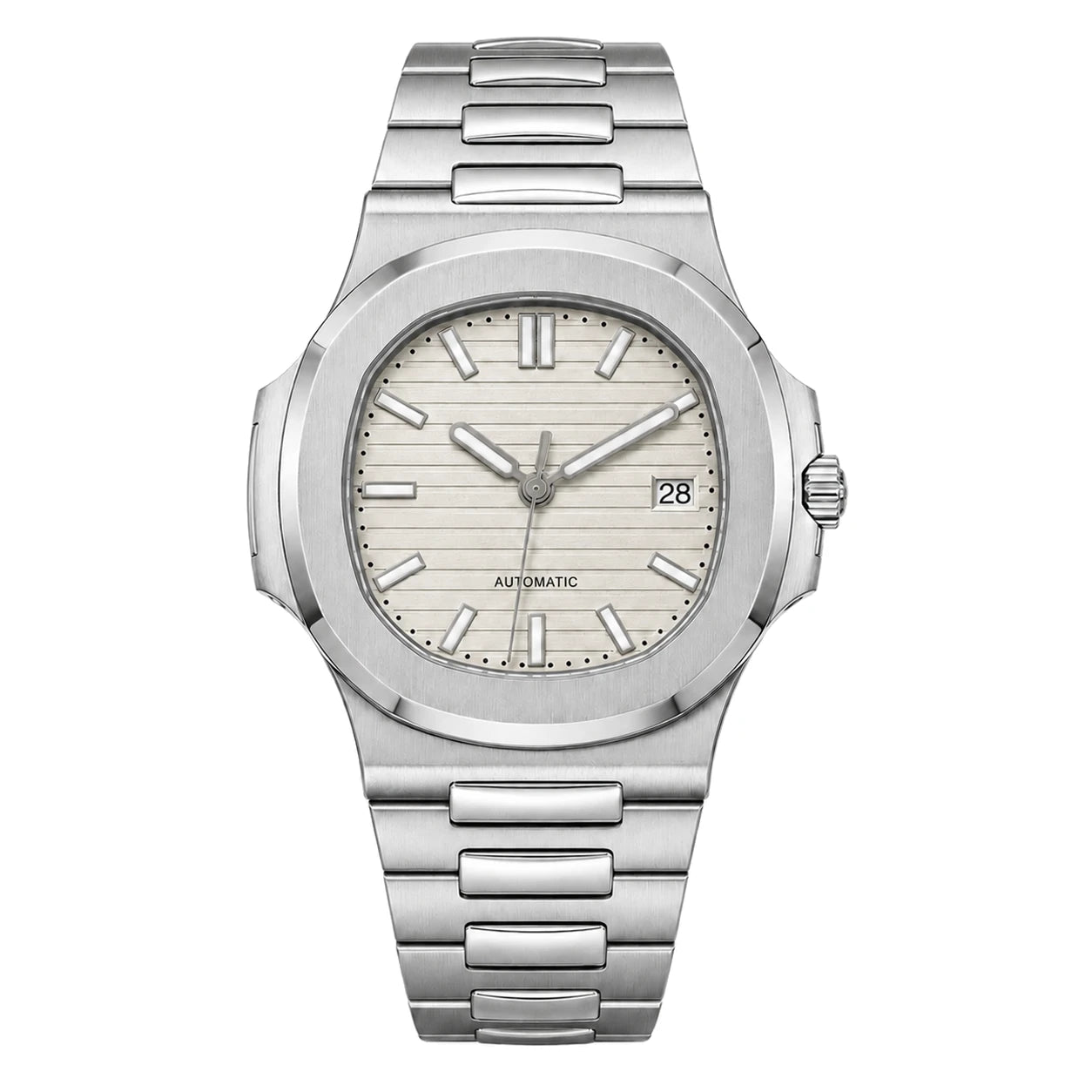Frontansicht der Seiko Mod Nautilus mit cremefarbenem Zifferblatt und integriertem Edelstahlarmband