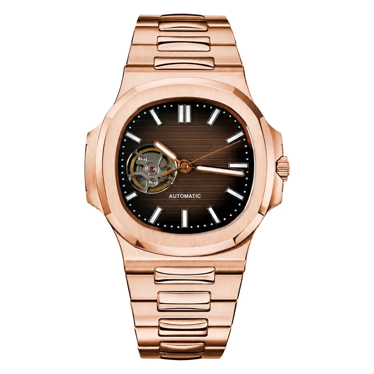 Frontansicht der Seiko Mod Nautilus Open Heart in Roségold mit braunem Zifferblatt und Edelstahlarmband.