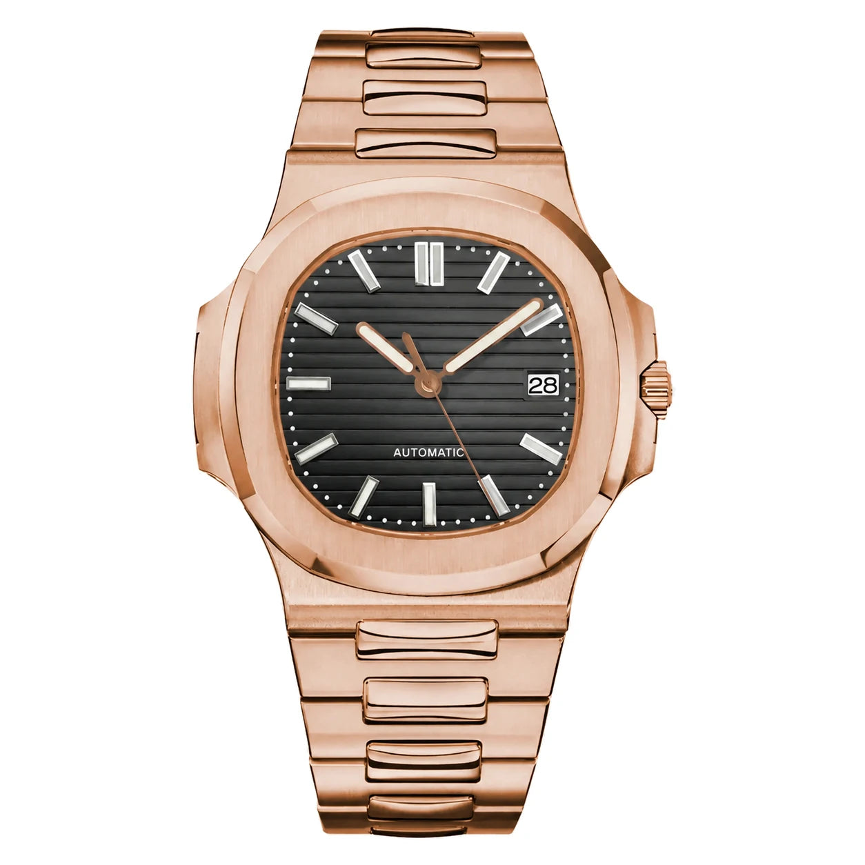 Produktansicht der Seiko Mod Nautilus mit roségoldfarbenem Edelstahlgehäuse und Saphirglas.