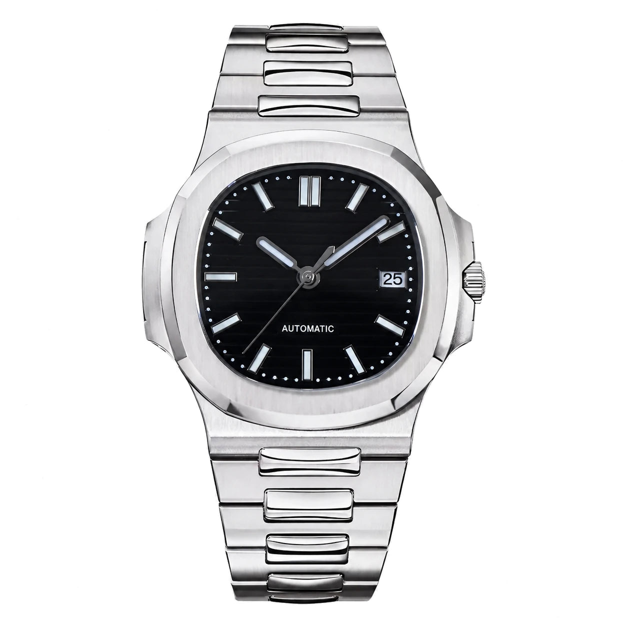 Frontalaufnahme der Seiko Mod Nautilus mit Edelstahlgehäuse, schwarzem Zifferblatt und Saphirglas.