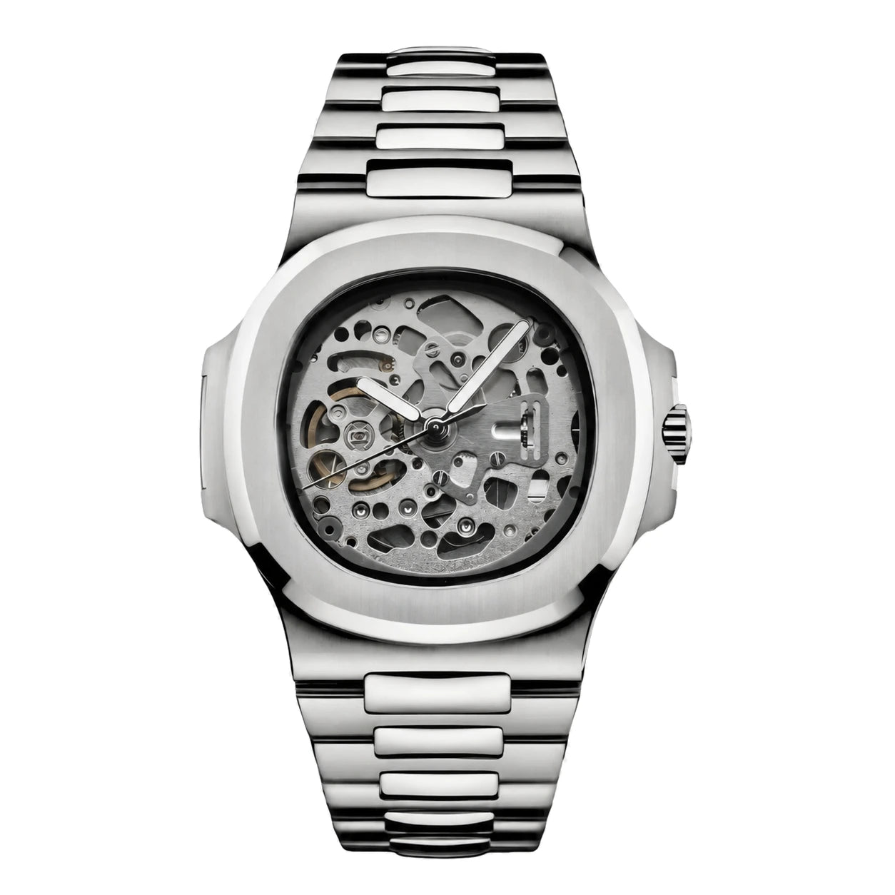 Gerade Produktansicht der Seiko Mod Nautilus Skeleton mit sichtbarem Uhrwerk und Edelstahlgehäuse