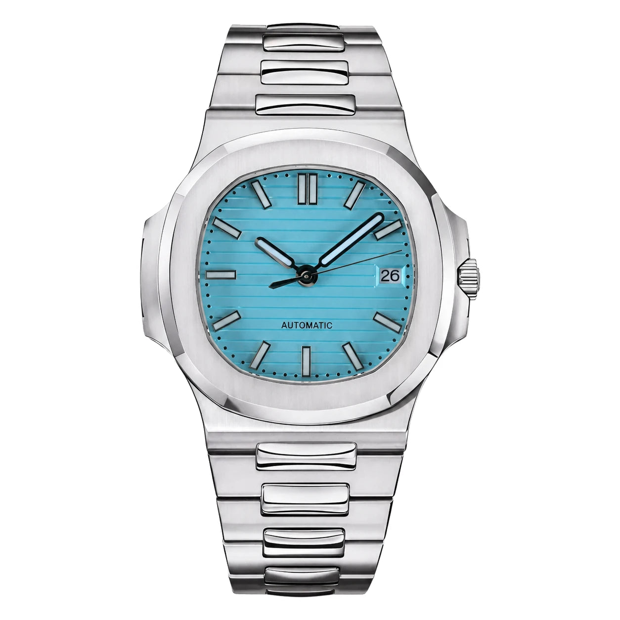 Frontalaufnahme der Seiko Mod Nautilus mit Edelstahlgehäuse und Tiffany Blue Zifferblatt