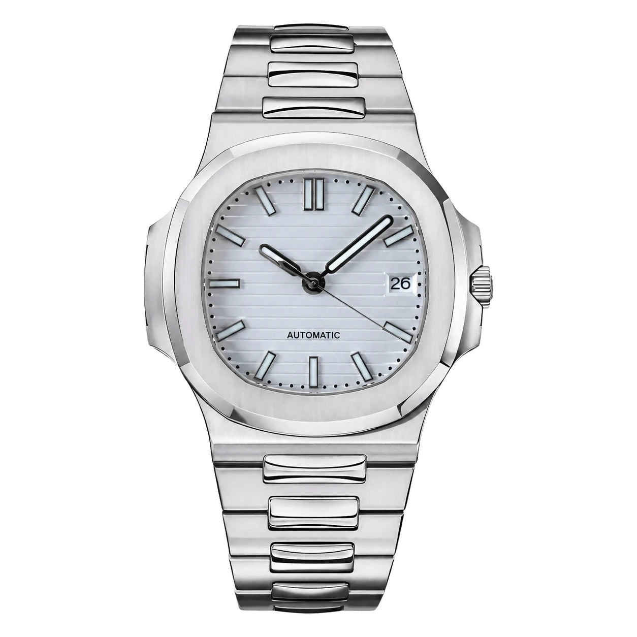 Frontansicht der Seiko Mod Nautilus mit weißem Zifferblatt und integriertem Edelstahlarmband