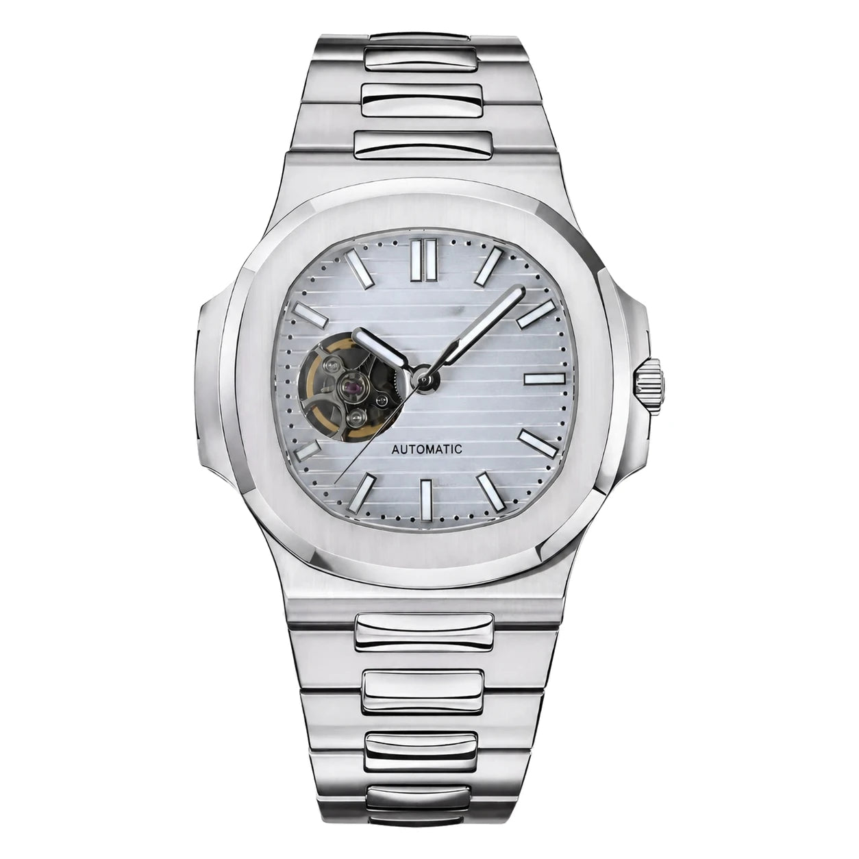 Frontperspektive der Seiko Mod Nautilus mit integriertem Edelstahlarmband und sichtbarer Mechanik