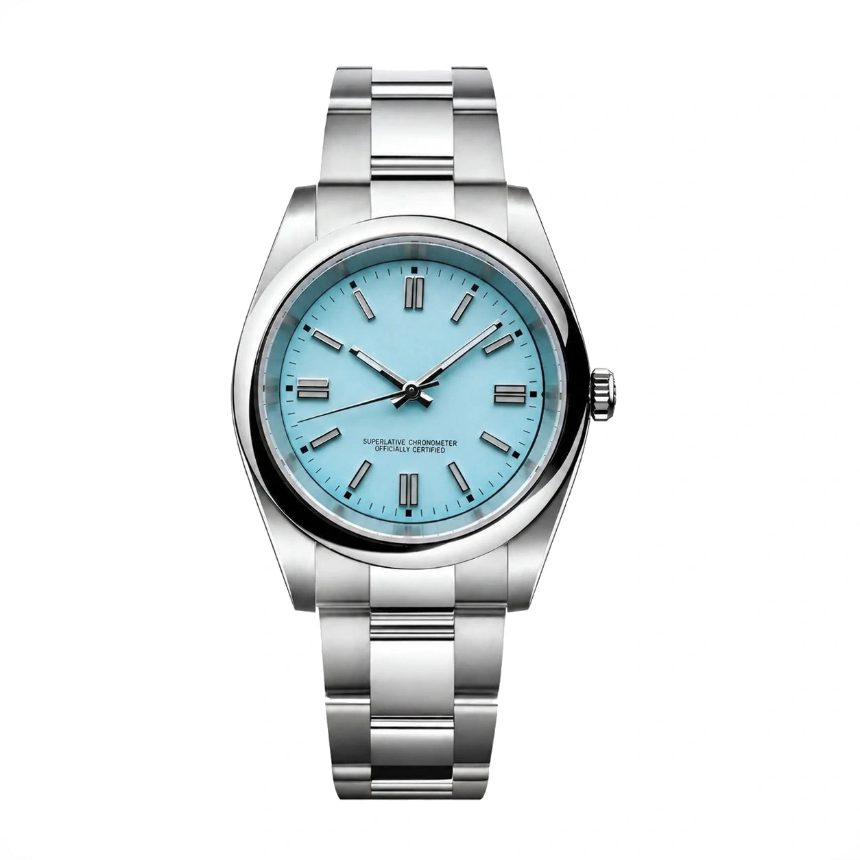 Frontansicht der Seiko Mod Oyster Perpetual Tiffany Blau mit hellblauem Zifferblatt und Edelstahlarmband