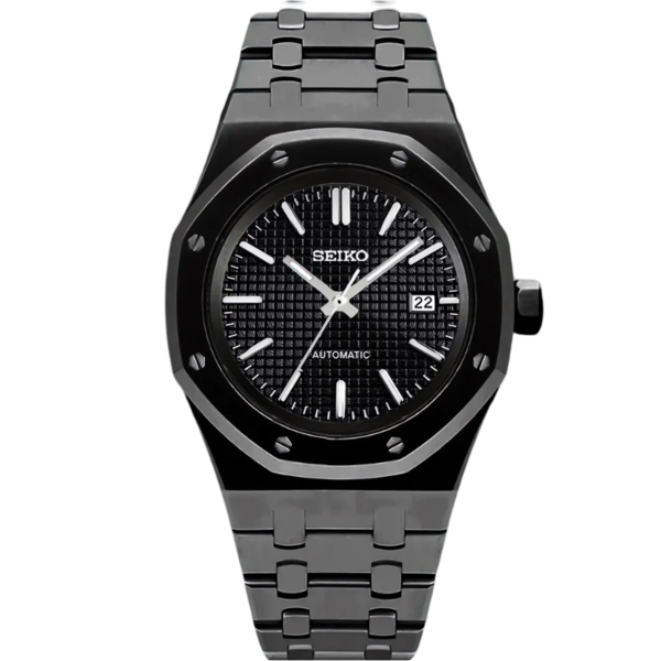 Seiko Mod Royal Oak All Black Automatikuhr mit schwarzem Waffle-Zifferblatt, leuchtenden Stundenmarkierungen und gebürstetem Edelstahlarmband