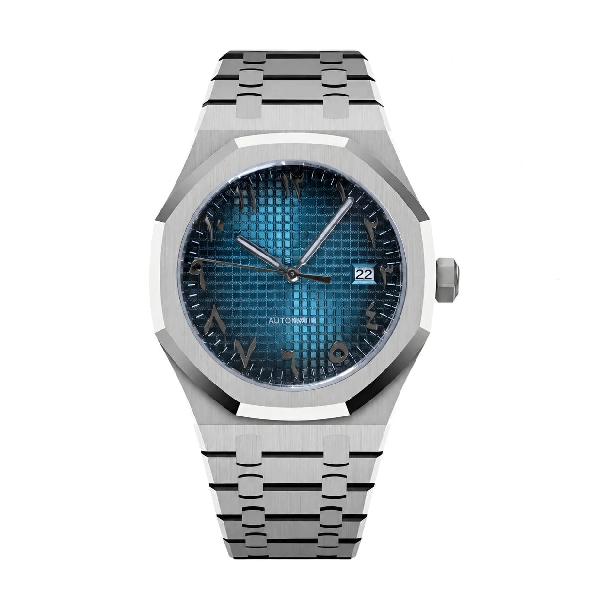 Frontansicht der Seiko Mod Royal Oak Blau mit blauem Zifferblatt und arabischen Zahlen